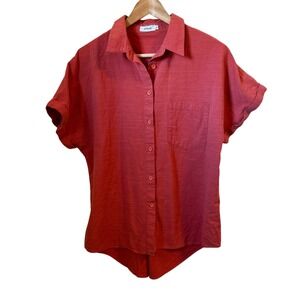 APRAW Women's Coral Red Textured Cotton Short Sleeve Collar Button Down Shirt XL